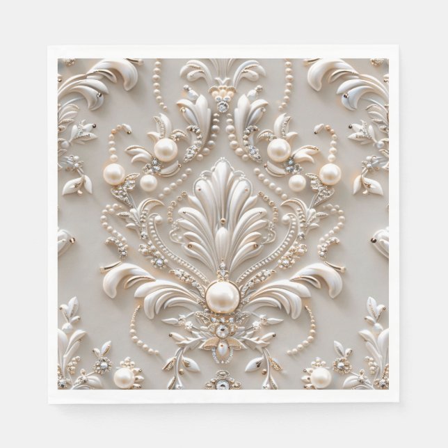 Perlen Kristalle Französisch Damask Stickerei Deco Serviette (Vorderseite)