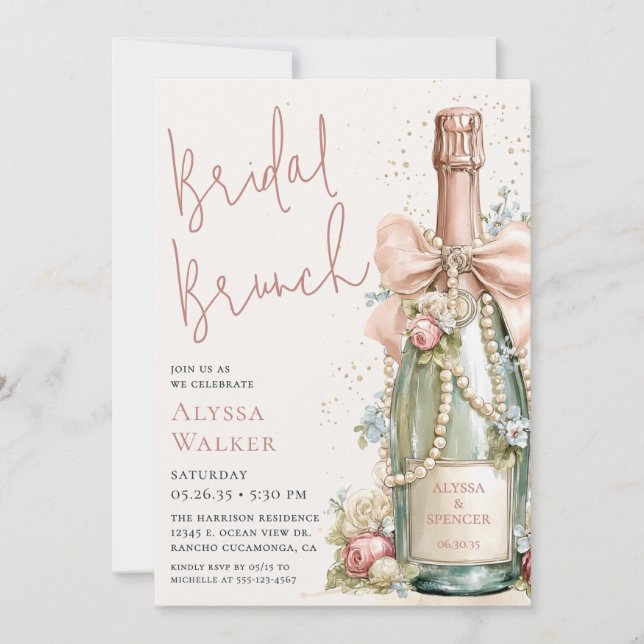 Perlen & Prosecco Braut-Brunch Einladung (Vorderseite)