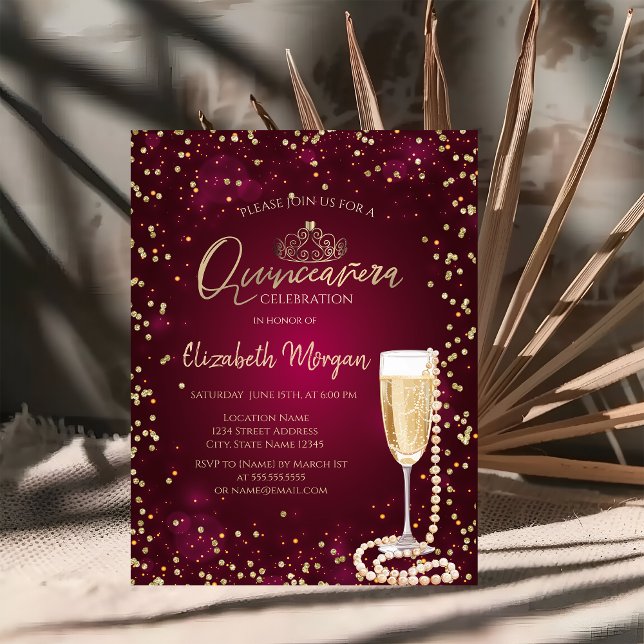 Perlen Prosecco Diamonds BurgundyQuinceañera Einladung (Von Creator hochgeladen)