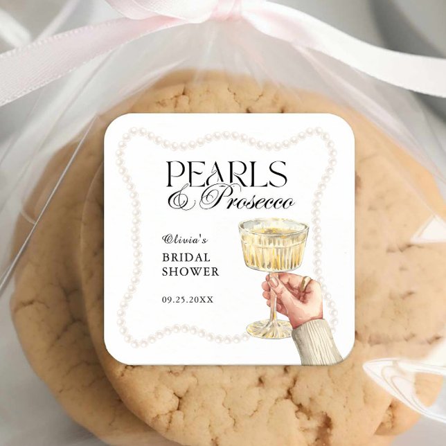Perlen & Prosecco Elegantes Brunch Brautparty Quadratischer Aufkleber (Von Creator hochgeladen)