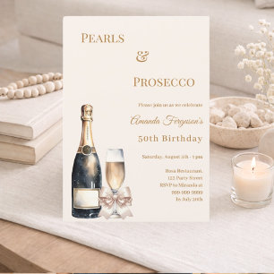 Perlen Prosecco elfenbeinfarbenes Band eleganter G Einladung