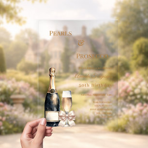 Perlen Prosecco elfenbeinfarbenes Band eleganter L Acryleinladungen
