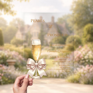 Perlen Prosecco goldene Schleife elegante klare Ge Acryleinladungen