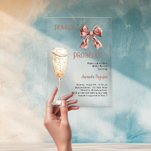 Perlen Prosecco rosa Schleife Junggesellinnenabsch Acryleinladungen