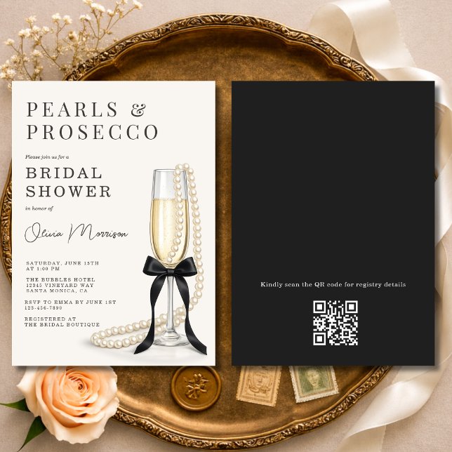 Perlen & Prosecco Schwarze Schleife QR Code Brautp Einladung (Von Creator hochgeladen)