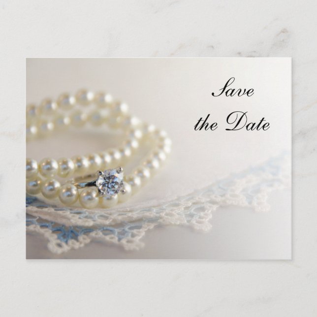 Perlen, Ring und Blue Lace Hochzeit Sichern Sie da Ankündigungspostkarte (Vorderseite)