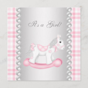Perlen Rosa Gingham Schaukelpferd Baby Mädchen Sho Einladung