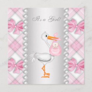 Perlen Rosa Storch Baby Shower Einladung