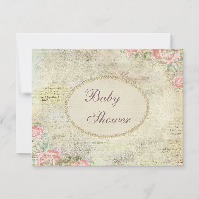 Perlen-u. Spitze-Shabby Chic-Rosen-Baby-Dusche Einladung (Vorderseite)