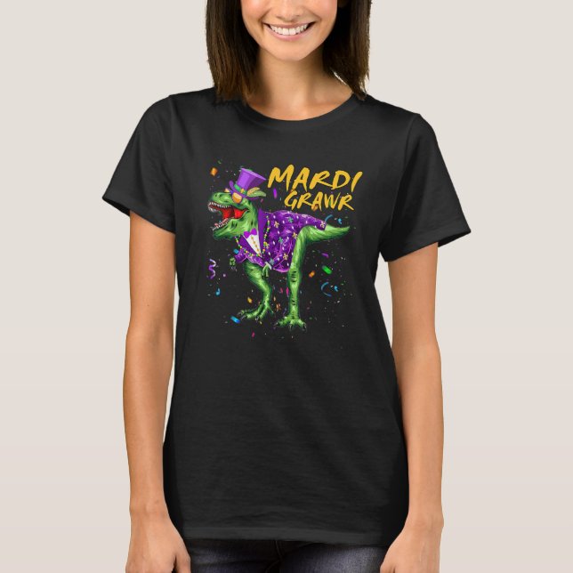 Perlen und Bling T Rex Dinosaur Mardi Gras Kostüm T-Shirt (Vorderseite)