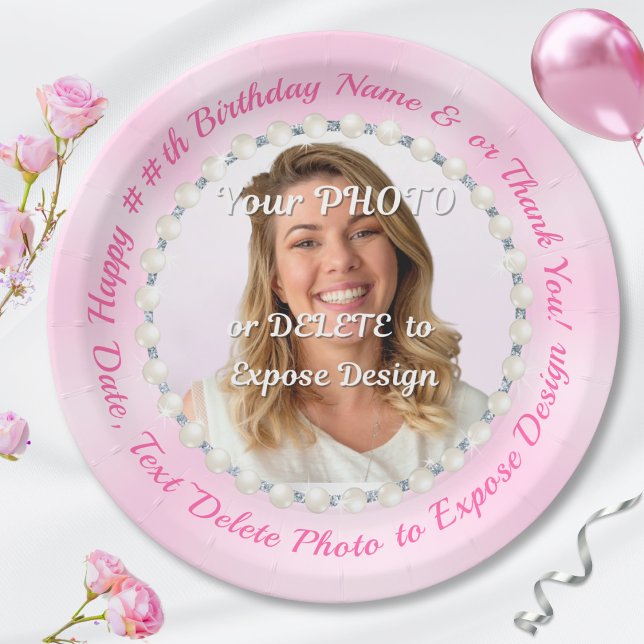 Perlen und hellrosa Teller mit FOTO (Personalized birthday party plates with picture. Pearl birthday party. Pink birthday paper plates.)