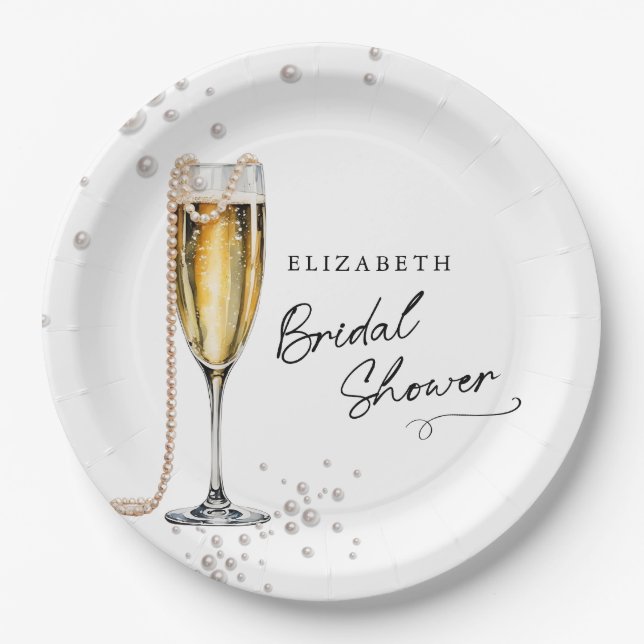 Perlen und Minimalistisches Brautparty Prosecco Pappteller (Vorderseite)