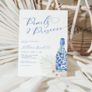 Perlen und Prosecco Blue Script Brautparty Einladung