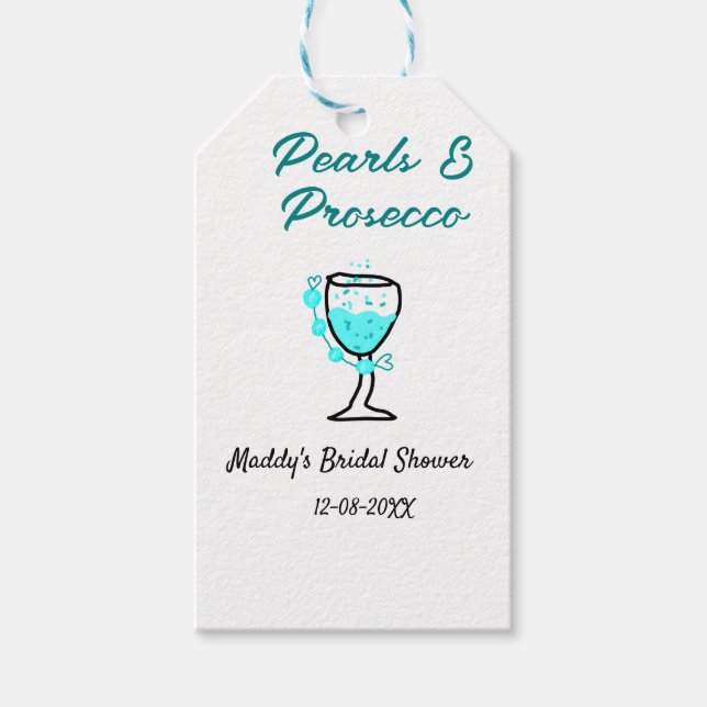 Perlen und Prosecco Brautdusche blau schwarz Name  Geschenkanhänger (Vorderseite)