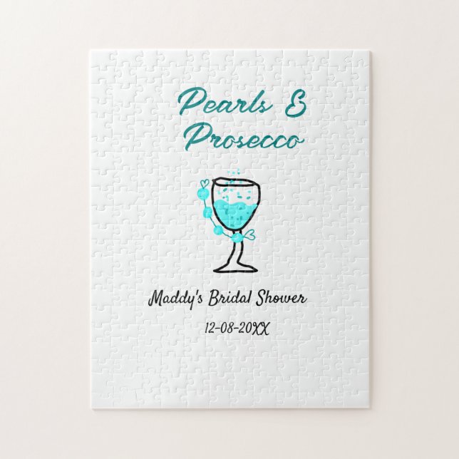 Perlen und Prosecco Brautparty blau schwarzer Name (Vertikal)