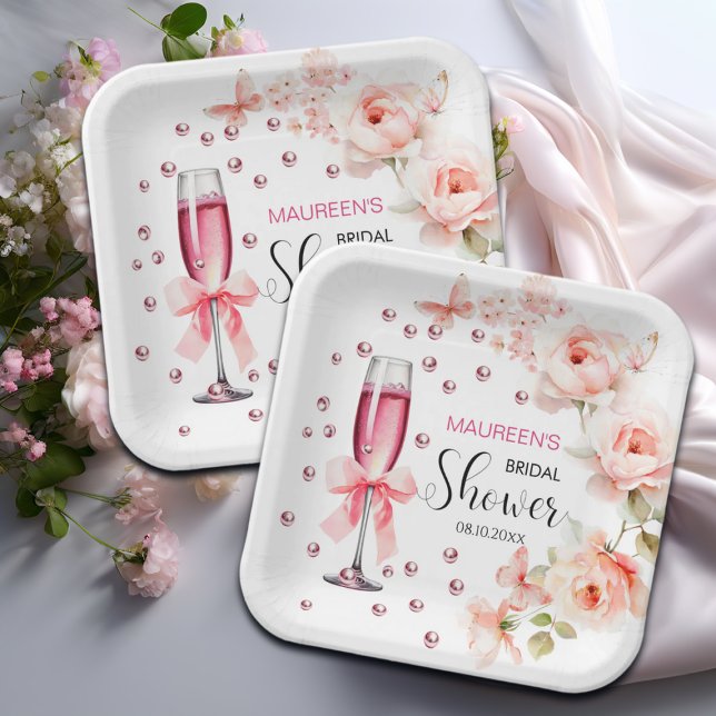 Perlen und Prosecco Dusty Pink Roses Brautparty Pappteller (Von Creator hochgeladen)