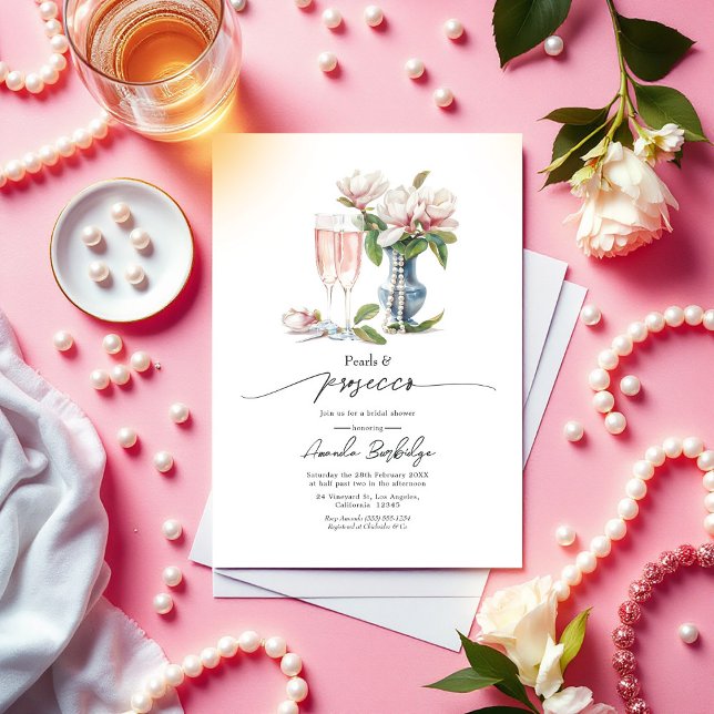 Perlen und Prosecco Elegantes Brautparty Einladung (Pearls and Prosecco Elegant Bridal Shower Invitation)