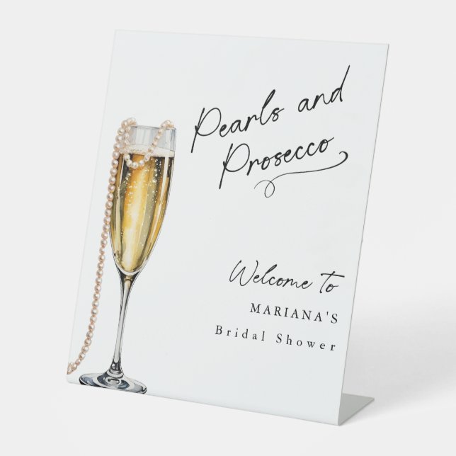 Perlen und Prosecco minimal Modernes Brautparty Sockelschild (Vorderseite)
