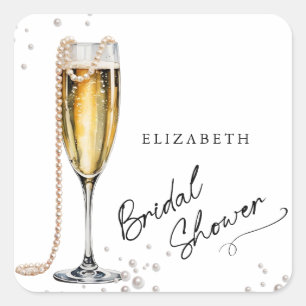Perlen und Prosecco Minimalistische Hochzeitdusche Quadratischer Aufkleber