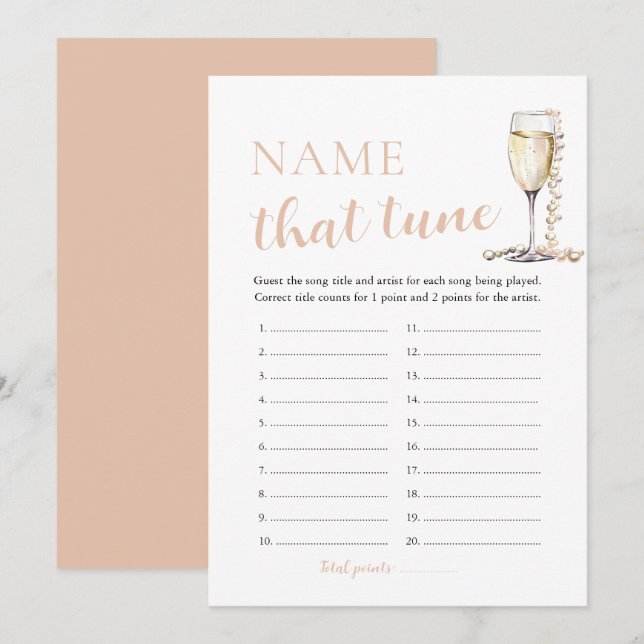 Perlen und Prosecco Name, dass Tune Bridal Spiel Einladung (Vorne/Hinten)