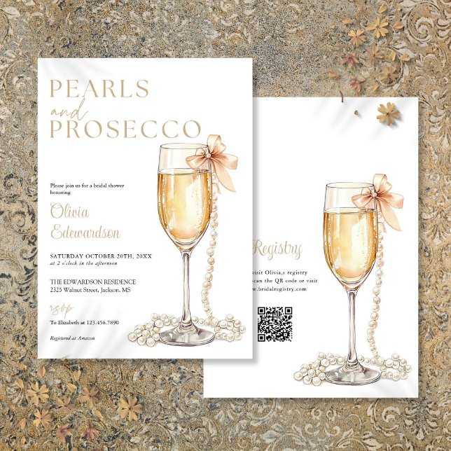 Perlen und Prosecco-QR-Brautparty Einladung (Pearls And Prosecco QR Code Bridal Shower Invitation)