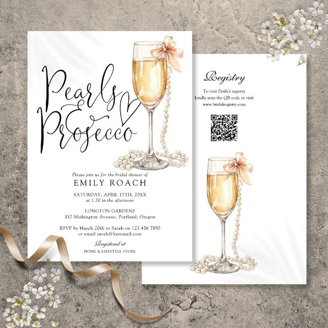 Perlen und Prosecco QR Code Blaues Brautparty Einladung (Pearls And Prosecco QR Code Blue Bridal Shower Invitation)