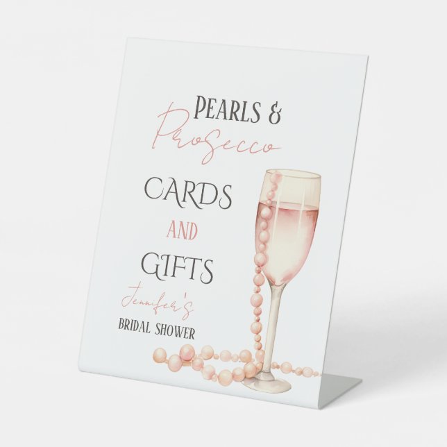 Perlen und Prosecco Rosa Brautparty Gefallen Sockelschild (Vorderseite)