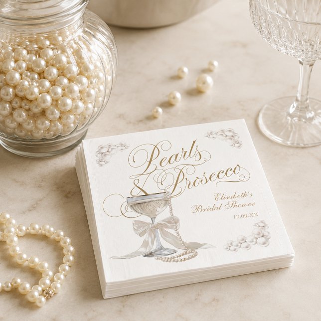 Perlen und Prosecco Weiße Bogen Brautparty Serviette (Pearls and Prosecco White Bow Bridal Shower Napkins)