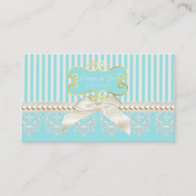 Perlen und Spitzen Aqua Streifen Creme Bow Boutiqu Visitenkarte (Vorderseite)