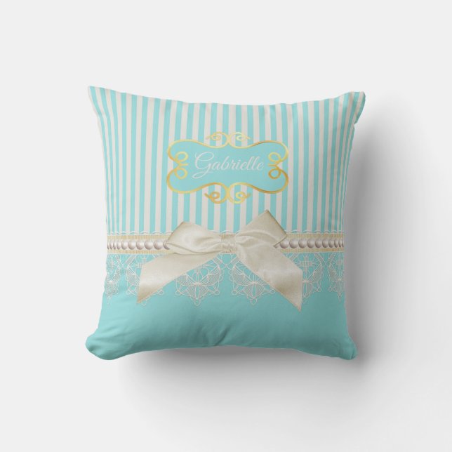 Perlen und Spitzen Aqua Streifen Creme Bow mit Nam Kissen (Vorderseite)
