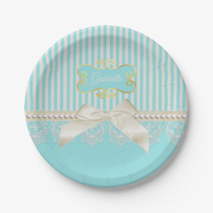 Perlen und Spitzen Aqua Streifen Creme Bow mit Nam Pappteller