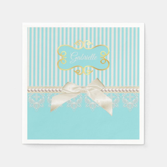 Perlen und Spitzen Aqua Streifen Creme Bow mit Nam Serviette (Vorderseite)