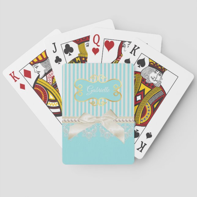 Perlen und Spitzen Aqua Streifen Creme Bow mit Nam Spielkarten (Rückseite)