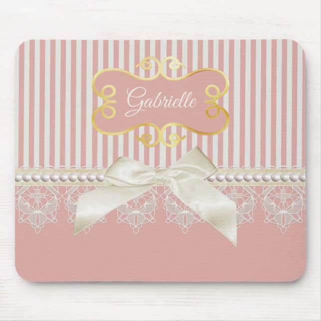 Perlen und Spitzen Pink Streifen Cream Bow und Nam Mousepad (Vorne)