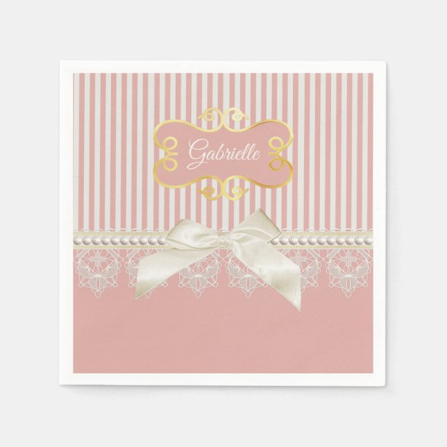 Perlen und Spitzen Pink Streifen Cream Bow und Nam Serviette (Vorderseite)