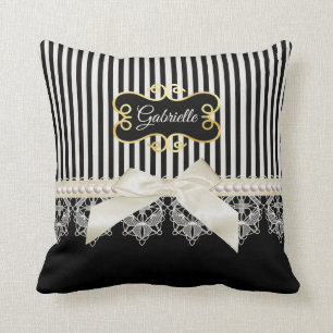 Perlen und Spitzen-schwarze Streifen Cream Bow Gol Kissen