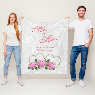 Perlenherzen und Rosen Damast Hochzeitserinnerung Fleecedecke