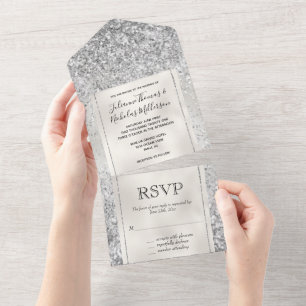 Perlenweiß Luxus Silber Glitter     All In One Einladung