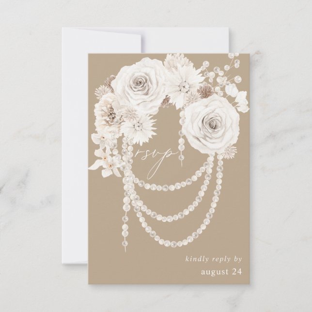 Perles et fleurs blanches w Repas RSVP - Beige (Devant)
