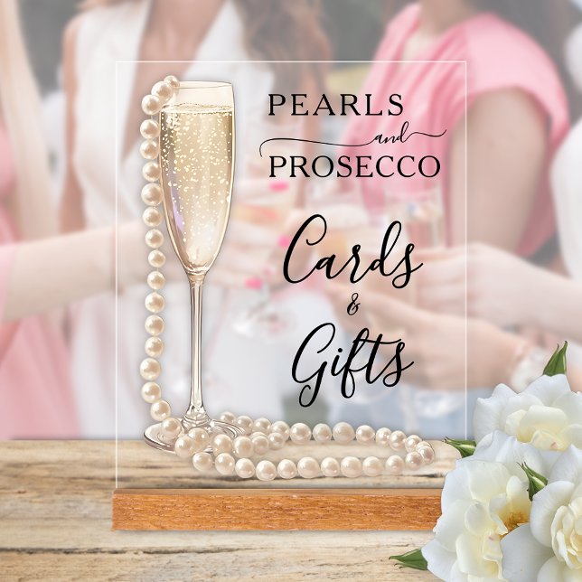 Perles et poursuites Cartes de Fête des mariées et (Pearls and Prosecco bridal shower Cards & Gifts tabletop acrylic sign)