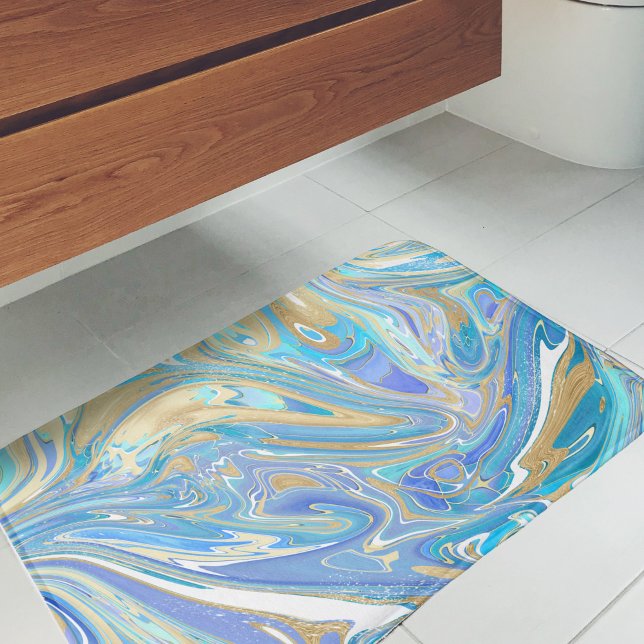 Perlescent Aqua & Gold flüssige Marmor Badematte (Aqua & Gold Marble Paint Pour Art Bath Mat - Artistic Bathroom Accessory)