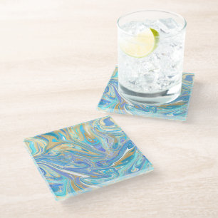 Perlescent Aqua & Gold flüssige Marmor Glasuntersetzer