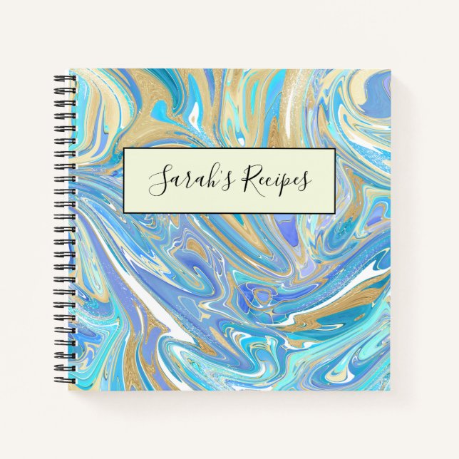 Perlescent Aqua & Gold flüssige Marmor Notizbuch (Vorderseite)