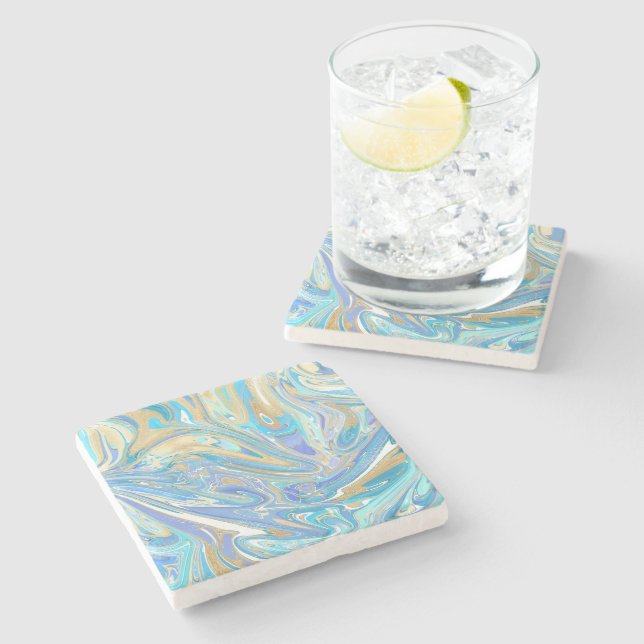 Perlescent Aqua & Gold flüssige Marmor Steinuntersetzer (Seitenansicht)