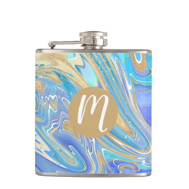 Perlescent Aqua & Gold Liquid Marmor & Monogram Flachmann (Vorderseite)