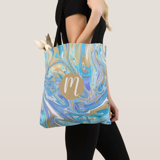 Perlescent Aqua & Gold Liquid Marmor Monogram Tasche (Von Nahem)