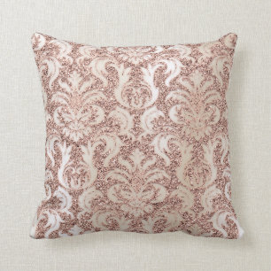 Perliger Elfenbein-Damast-Rosa-Rosen-GoldGlitzer Kissen