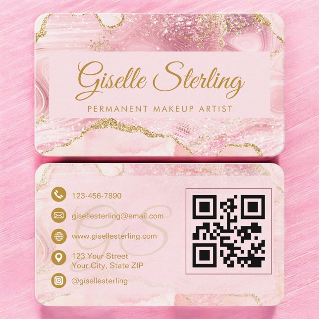 Permanent Makeup Artist Pink Gold Agate QR Code Visitenkarte (Von Creator hochgeladen)