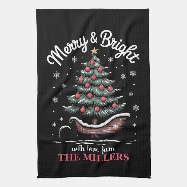 Peronalized Christmas Sleigh Tree Merry & Bright Geschirrtuch (Vertikal)