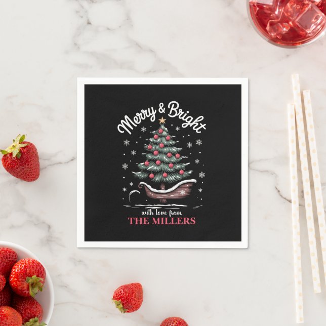 Peronalized Christmas Sleigh Tree Merry & Bright Serviette (Beispiel)